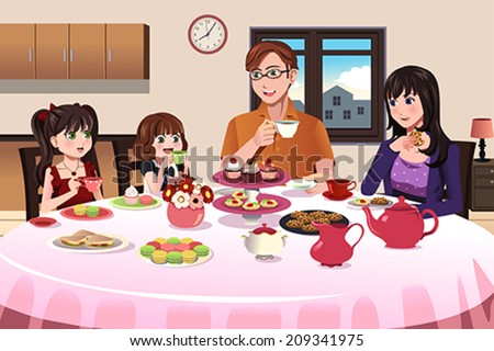 A vector illustration of family having a tea party indoor together