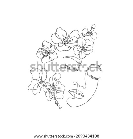 Lineart female face. Asian women are drawn in one line, sakura flowers boho style for business, invitations, price lists and cards Royalty-Free Stock Photo #2093434108