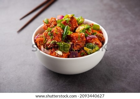 chilli paneer dry is made using cottage cheese, Indo chinese food Royalty-Free Stock Photo #2093440627