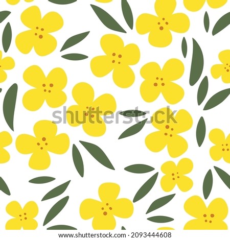 Seamless pattern rapeseed flowers on a white isolated background. Yellow hand-drawn bright plants. Blooming design elements for postcards, banners. Vector illustration. 