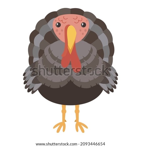 Thanksgiving Day. Funny cartoon character turkey bird in pilgrim hat. Vector illustration