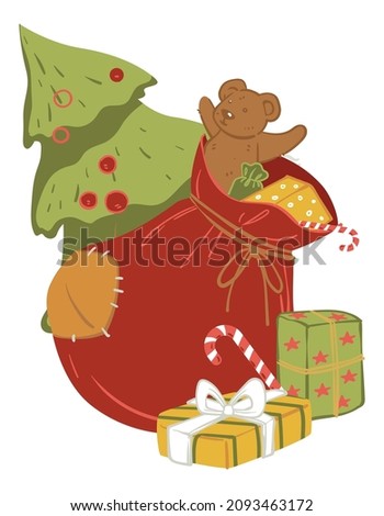 Present for children for winter holidays, Xmas and new year celebrations. Isolated bag with plush bear and boxes with ribbon bows. Evergreen pine tree with baubles and lollipops. Vector in flat