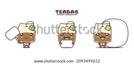 vector tea bag cartoon mascot, with blank board banner, isolated on a white background.