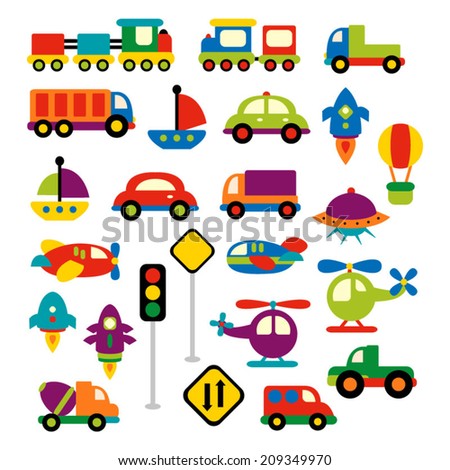 Transportation vector clip art in bright colors. Trains, trucks, cars, boat, planes, helicopters, rockets, traffic signs.