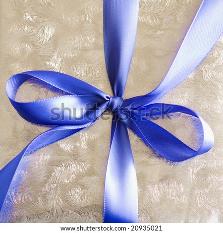 Blue Ribbon Tied in a Bow on Silver Gift.  High Resolution Image Shot with Macro Lens.  Carefully Spotted and Retouched.