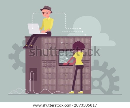 Data center server cloud support crew, system administrators working. Technical team installing, configuring hardware, software, professional computer operator. Vector flat style cartoon illustration