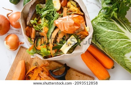 Sorted kitchen waste in paper eco bag on kitchen counter top. Compost-container. Sustainable life style. Vegetable and fruit peels, scraps from food preparation collected in trash-pack for recycling Royalty-Free Stock Photo #2093512858