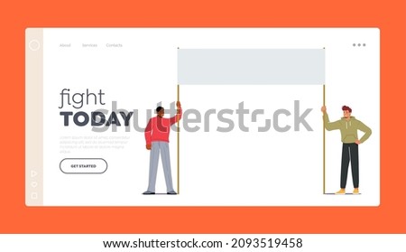 Activist Characters with Banner Landing Page Template. Protesting People with Placard or Signboard on Revolution Strike or Demonstration Against War, Protest, Riot, Picket. Cartoon Vector Illustration