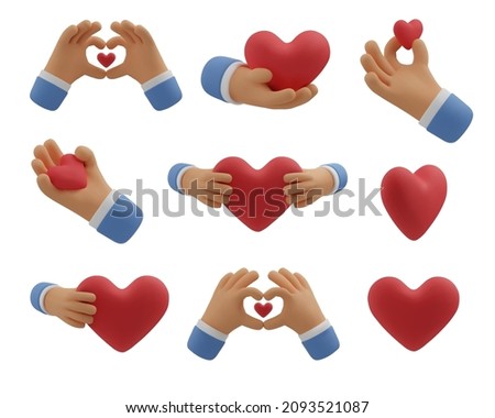 3d icon, hands making heart shape gesture set. Vector cartoon love symbol clip art. Realistic Valentines day illustration for social media