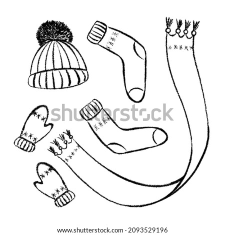 Hand drawn winter warm clothes collection. Wool mittens and socks on white background. Vector illustration.