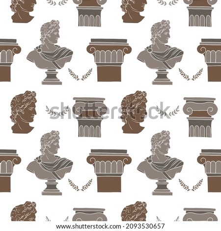 Antique sculptures of a man. Greek ancient bust of Apollo background with column elements. Modern seamless pattern. Can be used for branding, packaging, textiles. Royalty-Free Stock Photo #2093530657