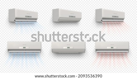 Closed and open air conditioner, flow cold and heat wind. Temperature and climate control system. Realistic ac with breeze waves vector set. Colllection of air conditioner and conditioning Royalty-Free Stock Photo #2093536390