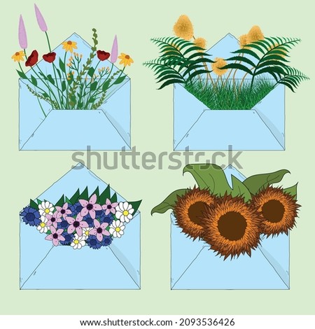 Set collection of plants and flowers in envelopes