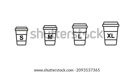 Coffee cup size set. Small middle large and xl size for paper cups vector set. Coffee menu icons isolated on white background.