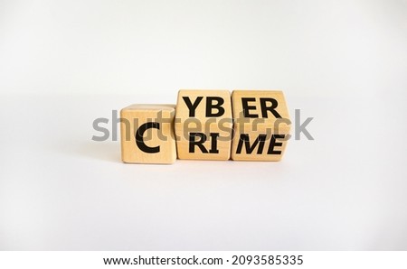 Cyber crime symbol. Turned wooden cubes with words 'Cyber crime'. Beautiful white background. Cyber crime and business concept. Copy space.