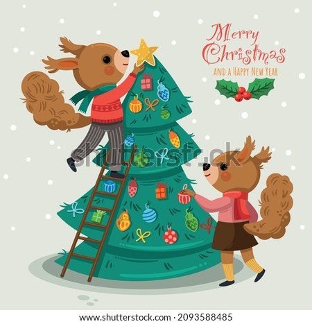 Merry Christmas and New year greeting card with squirrel characters and Christmas tree content.