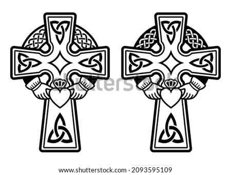 Irish Celtic cross with Claddagh ring - heart and hands vector design set - St Patrick's Day celebration in Ireland. Irish, Scottish and Welsh crosses with celtic patterns and knots - symbol of friend