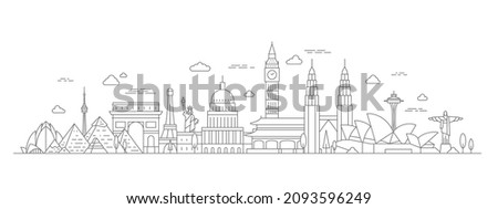 World travel tour line concept with famous culture landmark. Tourism journey places, countries and cities ancient monuments vector landscape. Illustration of travel monument drawing