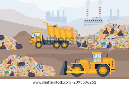 Landfill landscape with trash piles, bulldozer and garbage truck. Plastic pollution and waste recycling process. Garbage dump vector concept. Illustration of landfill garbage and trash Royalty-Free Stock Photo #2093596252