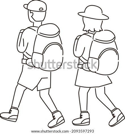 Mountain climbing men and women pair set (backward) line drawing walking with a backpack