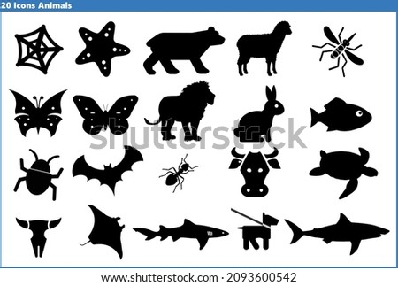 Animals black icons set, flat style