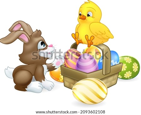 An Easter eggs basket, bunny rabbit and cute chick cartoon scene
