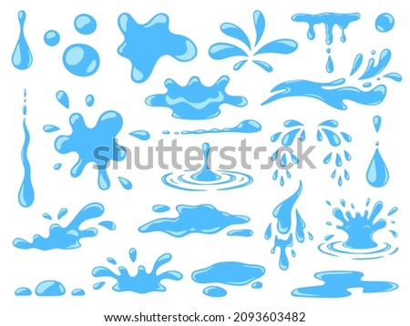 Cartoon blue dripping water drops, splashes, sprays and tears. Liquid flow, wave, stream and puddles. Nature water motion shapes vector set. Illustration of rain water drop, liquid splash Royalty-Free Stock Photo #2093603482