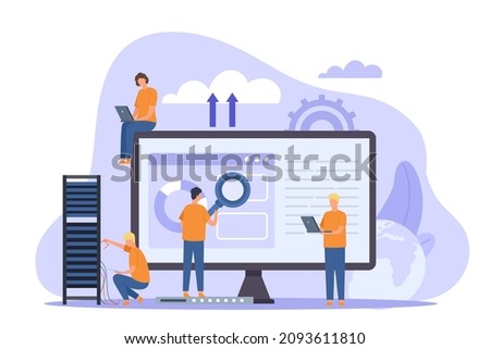 Web hosting or cloud computing poster with system admins. People maintain data technology software. Database storage service vector concept. Illustration of computer cloud hosting Royalty-Free Stock Photo #2093611810