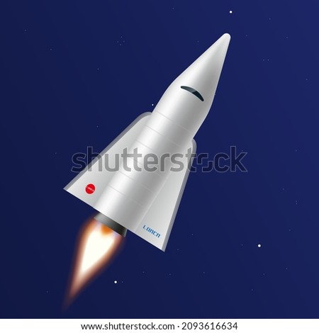 3D realistic space shuttle launch. Space rocket with wings fly diagonal up in the blue gradient night sky, vector illustration.
