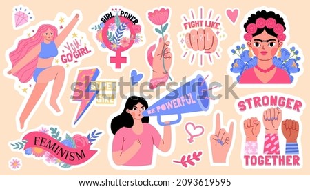Cartoon stickers with feminism symbol and quote, girl power. Women rights activist. Frida kahlo. Feminist strong female character vector set. Illustration of girl feminism motivation phrase Royalty-Free Stock Photo #2093619595