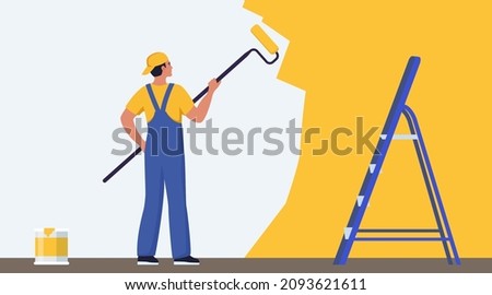 Painter man painting house wall with roller brush. Worker guy using paint-roller and paint cans. Decorator job, interior renovation service. Flat vector character illustration Royalty-Free Stock Photo #2093621611