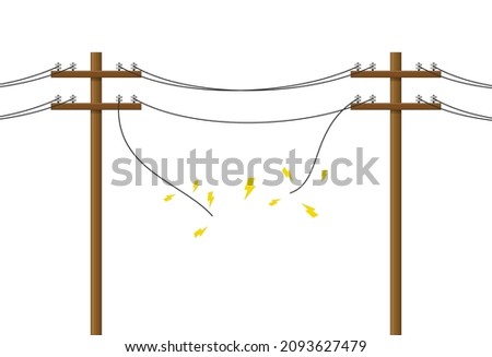 Broken electric pole damaged short circuit with spark. Wood power lines, Electric power transmission. Utility pole Electricity concept. High voltage wires, Vector illustration