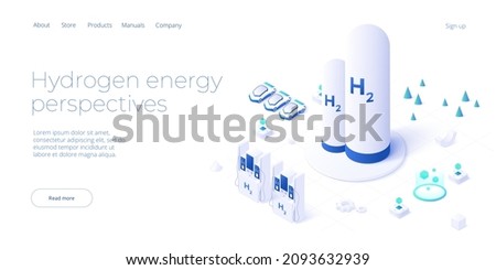 Green economy and renewable energy concept in isometric vector illustration. Hydrogen electric car and h2 fuel vehicle. Sustainable power plants for clean earth environment . 