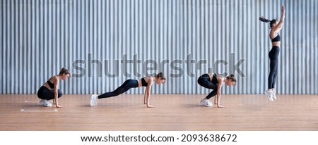 Fit woman doing a burpee exercise. Endurance training. Step by step instructions burpee. Royalty-Free Stock Photo #2093638672
