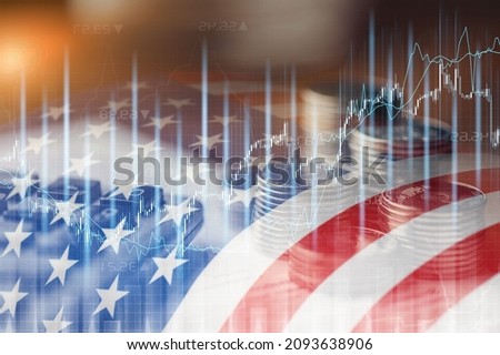 Stock market investment trading financial, coin and USA America flag for analyze finance business trend Royalty-Free Stock Photo #2093638906