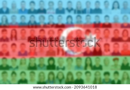 Portraits of many people on the background of the flag of Azerbaijan. The concept of the population and demographic state of the country.