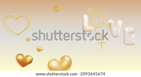 White phrase love with golden symbols of mars and venera,  hearts balloons. Modern vector background. Love Valentain's day 3d rendering. Royalty-Free Stock Photo #2093645674