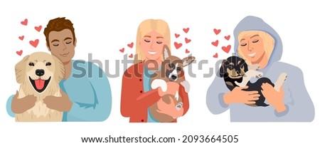 People petting dogs. Young people, teenagers hugging dog pets vector illustration, happy girls and smiling boys with puppies image. Domestic animals and playing owners best friends
