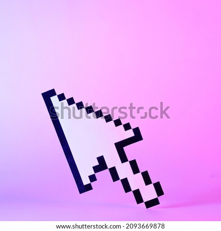 Digital pointer or arrow on a graduated purple background with copy space above for use as a design template