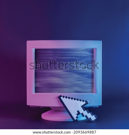 Retro computer monitor with glitch and pixel arrow mouse cursor on neon purple background Royalty-Free Stock Photo #2093669887