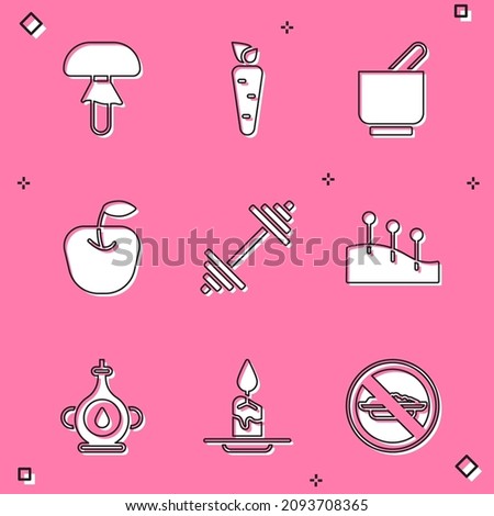Set Mushroom, Carrot, Mortar and pestle, Apple, Dumbbell, Acupuncture therapy, Oil bottle and Aroma candle icon. Vector