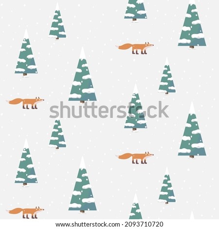Seamless repeat pattern snow scene with a fox and pine trees 