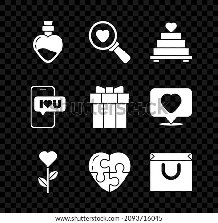 Set Bottle with love potion, Search heart and, Wedding cake, Heart shape flower, Shopping bag, Mobile and Gift box icon. Vector