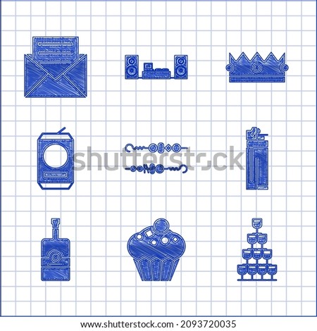 Set Grilled shish kebab, Muffin, Wine glasses stacked pyramid tower, Lighter, Whiskey bottle, Beer can, Crown and Envelope with invitation card icon. Vector