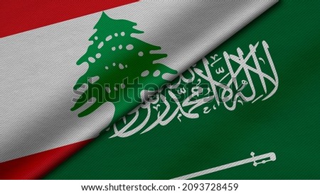 3D Rendering of two flags of Lebanon and Saudi Arabia together with fabric texture, bilateral relations, peace and conflict between countries, great for background
