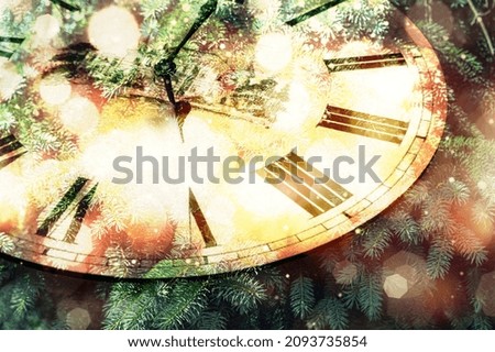 New Year banner with clock. Neon holiday lights. New Year and Christmas 2021. Winter holiday background.