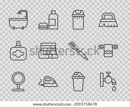 Set line Round makeup mirror, Water tap, Trash can, Electric iron, Bathtub, Towel stack, Bucket with soap suds and hanger icon. Vector