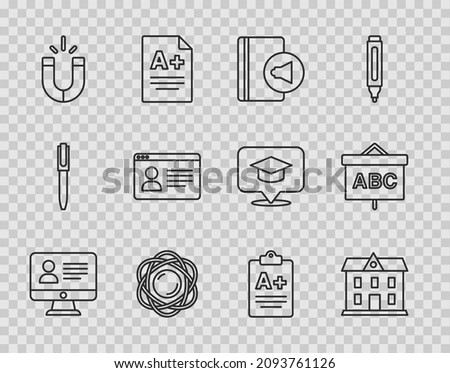 Set line Online class, School building, Audio book, Atom, Magnet, Exam sheet with plus grade and Chalkboard icon. Vector