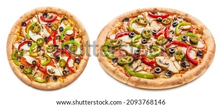 Delicious pizza with mushrooms, mozzarella, peppers, tomatoes and olives, isolated on white background