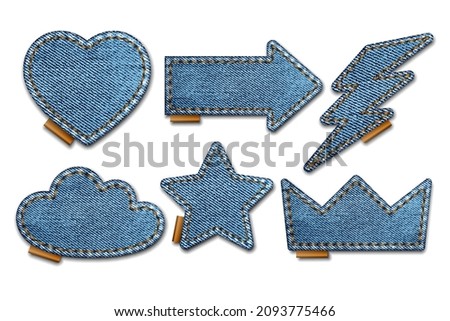 Set of blue denim patches with stitches. Light blue denim. Patches of different shapes as heart, star, arrow, cloud, crown and lightning. Vector realistic illustration on white background. Royalty-Free Stock Photo #2093775466